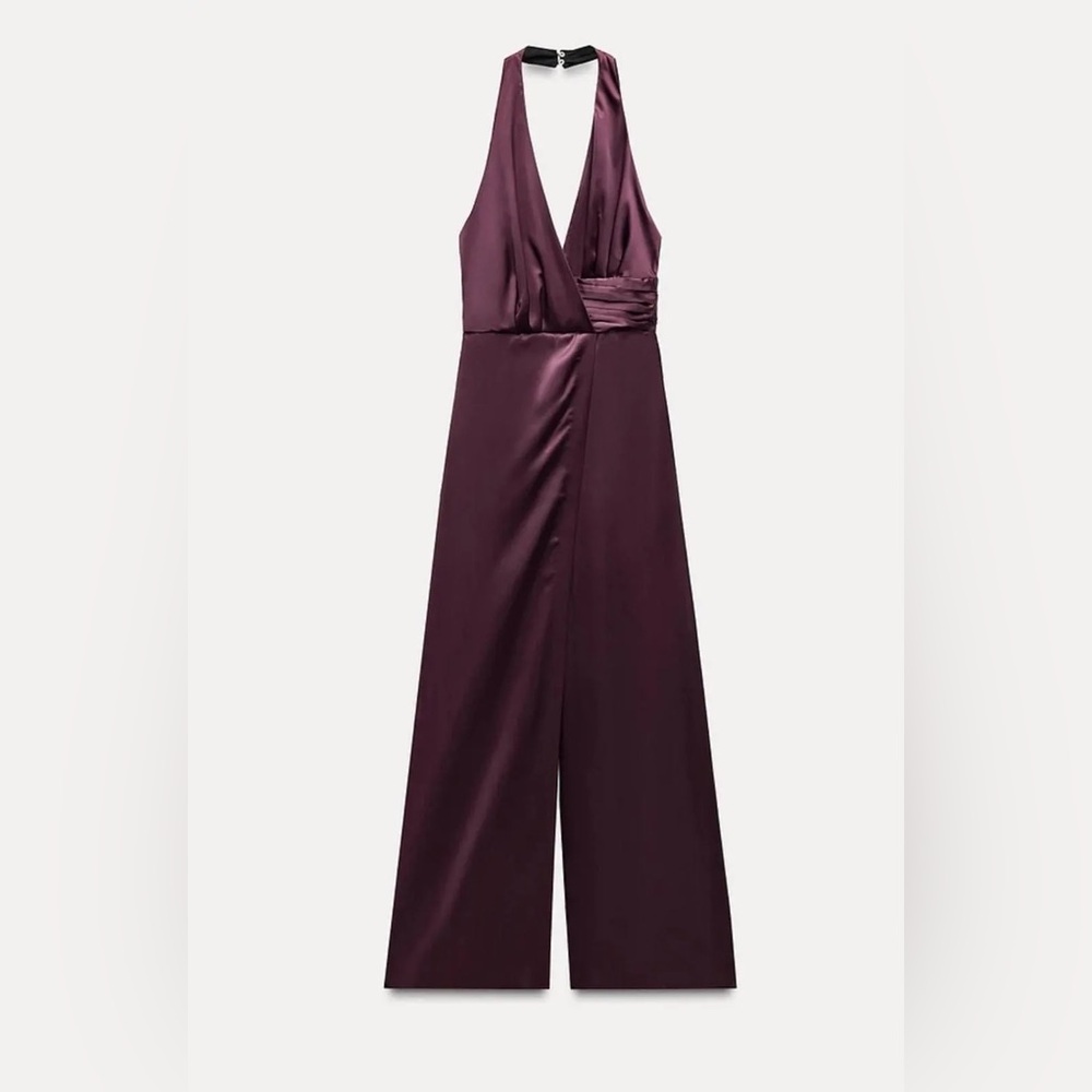 ZARA SATIN EFFECT EGGPLANT RUCHED HALTER JUMPSUIT sz small NWT